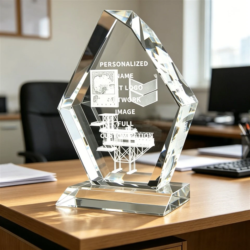 Trofeum z przezroczystego kryształu 3D grawerowane laserowo